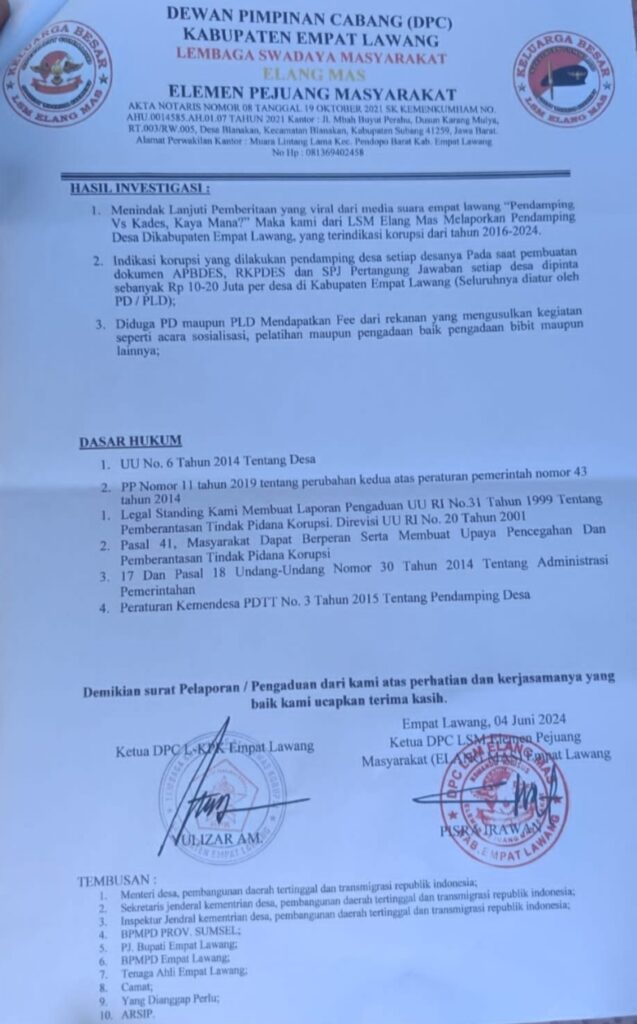 DPC LSM ELANG MAS Empat Lawang Laporkan Oknum Pendamping Desa ke Tipidkor Polres Empat Lawang