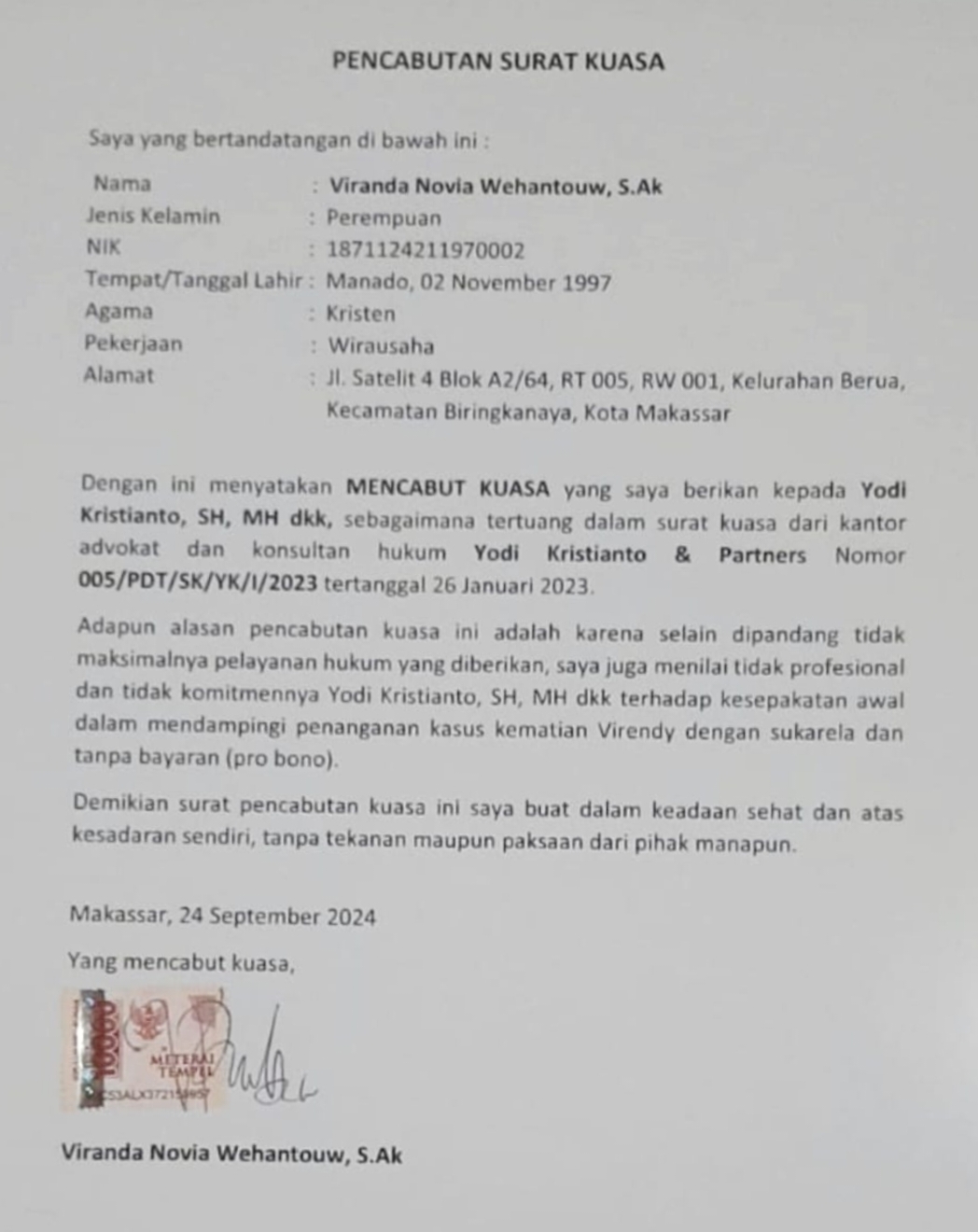 Dipandang Tidak Komitmen Menangani Perkara Secara Pro Bono, Kakak Almarhum Virendy Cabut Kuasa Hukum Yodi Kristianto