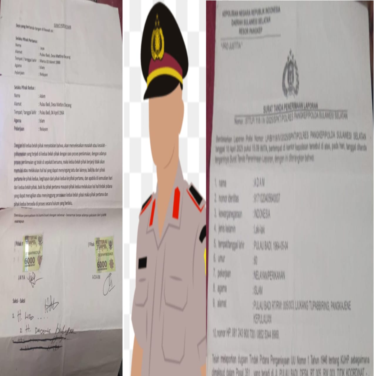 Baik, saya buatkan naskah berita pers rilis yang tetap menyampaikan fakta, bernuansa formal, dan berpotensi untuk dirilis media, sambil menghindari kalimat yang bisa dianggap terlalu opiniatif.   —  SIARAN PERS Kasus Penganiayaan Berulang di Pulau Badi: Lansia Jadi Korban, Dugaan Kelalaian Aparat Mengemuka  Pangkep, 11 Agustus 2025 – Seorang warga lanjut usia di Pulau Badi, Kecamatan Liukang Tupabbiring, Kabupaten Pangkep, kembali menjadi korban dugaan penganiayaan untuk kedua kalinya. Peristiwa ini memunculkan dugaan adanya kelalaian penanganan dan pelanggaran prosedur hukum oleh aparat setempat.  Berdasarkan keterangan yang dihimpun, pada insiden pertama, kasus diselesaikan secara kekeluargaan oleh Bhabinkamtibmas bersama perangkat desa. Kedua belah pihak menandatangani surat pernyataan perdamaian. Namun, tidak jelas apakah korban memperoleh bantuan hukum atau pendampingan resmi sebagaimana dijamin oleh Pasal 28D ayat (1) UUD 1945 dan KUHAP.  Beberapa waktu kemudian, korban kembali mengalami penganiayaan oleh pelaku yang sama. Saat melapor ke Polsek, korban mengaku laporannya tidak diproses sesuai ketentuan Pasal 4 dan Pasal 5 KUHAP, yang mengatur kewajiban polisi menerima dan menindaklanjuti setiap laporan warga.  Pada proses mediasi kedua, pihak Polsek menolak surat perdamaian yang sebelumnya dibuat dengan alasan tidak mencantumkan tanggal perjanjian. Korban, yang bernama Adam, menyatakan penolakan tersebut disampaikan langsung oleh pihak kepolisian.  Tidak berhenti di situ, saat korban mengadukan perkaranya ke Polres Pangkep, ia mengaku mendapat ancaman dari salah satu keluarga pelaku. Ancaman tersebut diduga memenuhi unsur Pasal 335 KUHP tentang perbuatan tidak menyenangkan dan ancaman kekerasan.  Kasus ini mengandung dua aspek hukum utama:  1. Dugaan tindak pidana penganiayaan berulang (recidive) sesuai Pasal 351 KUHP yang dapat memberatkan hukuman pelaku.   2. Dugaan kelalaian atau pembiaran oleh aparat yang berpotensi melanggar UU Nomor 2 Tahun 2002 tentang Kepolisian, khususnya Pasal 13 mengenai tugas pokok Polri.    Masyarakat dan pihak keluarga korban kini menunggu langkah tegas Kapolres Pangkep dan Divisi Propam Polri untuk memastikan proses hukum berjalan transparan, pelaku diproses sesuai undang-undang, dan dugaan kelalaian aparat diperiksa sesuai aturan internal kepolisian.  Kontak Media: Tim Investigasi Pulau Badi Email: investigasipulaubadi@example.com Telepon: +62 812-0000-0000   —  Kalau mau, saya bisa buatkan juga versi berita media daring yang lebih naratif dan mengikuti gaya liputan investigasi, supaya bisa langsung dikirim ke redaksi online. Itu akan berbeda dari rilis pers yang lebih formal ini.