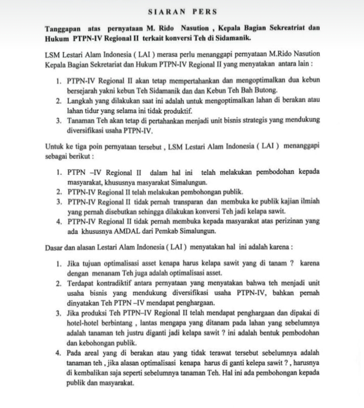LSM Lestari Alam Indonesia (LAI) Sebut PTPN-IV Regional II telah melakukan pembodohan publik 