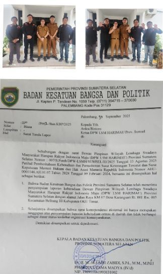 LSM Harimau Resmi Terdaftar di Kesbangpol Provinsi Sumatera Selatan