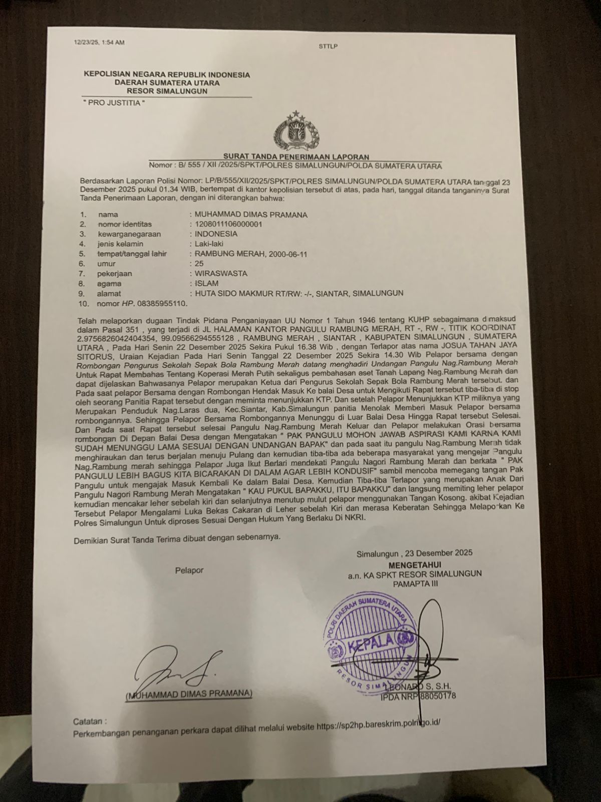 M.Dimas Pramana Laporkan Anak Pangulu Rambung Merah Ke Polres Simalungun: Josua Tahan Jaya Sitorus Memiting Dimas, Kapolsek Akui Anak Pangulu.