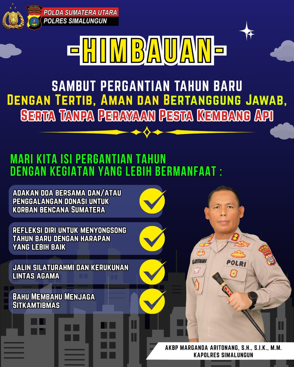 Kapolres Simalungun Imbau Warga Sambut Tahun Baru 2026 dengan Tertib, Tanpa Kembang Api dan Perbanyak Kegiatan Positif