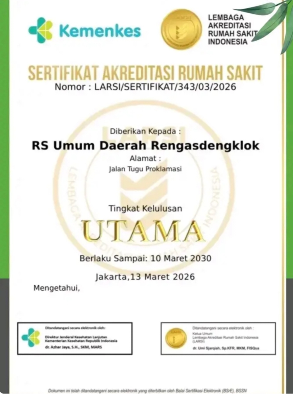 RSUD Rengasdengklok Raih Akreditasi Predikat Utama, Tingkatkan Mutu Layanan Kesehatan