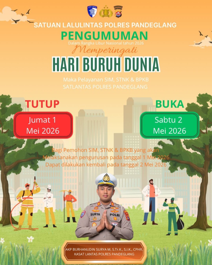 Satlantas Polres Pandeglang Umumkan Penutupan Layanan pada Hari Buruh Dunia 2026