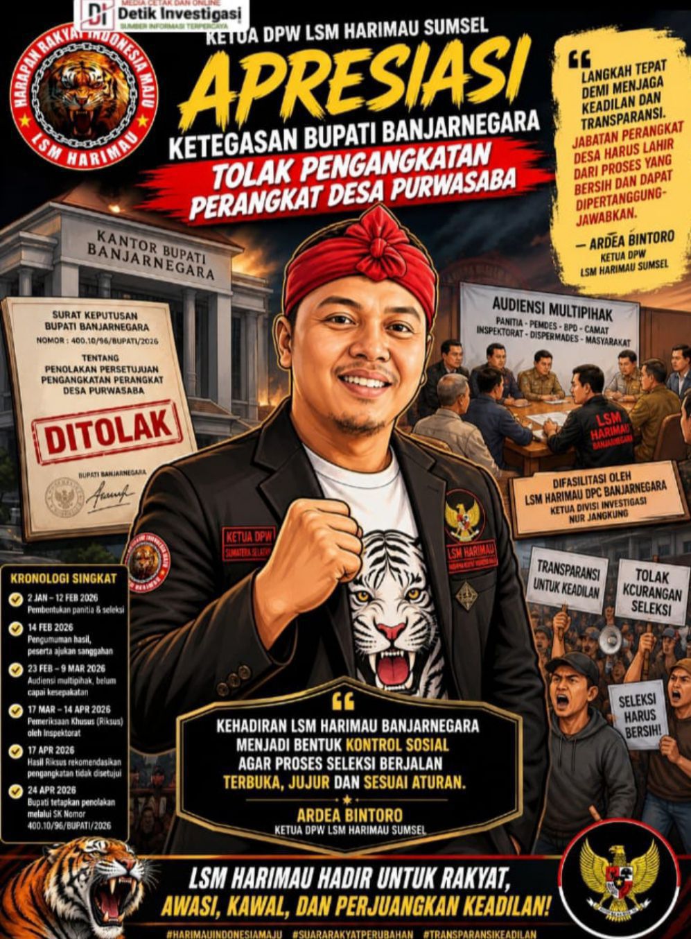 Ketua DPW LSM HARIMAU SUMSEL Apresiasi Ketegasan Bupati Banjarnegara Tolak Pengangkatan Perangkat Desa Purwasaba