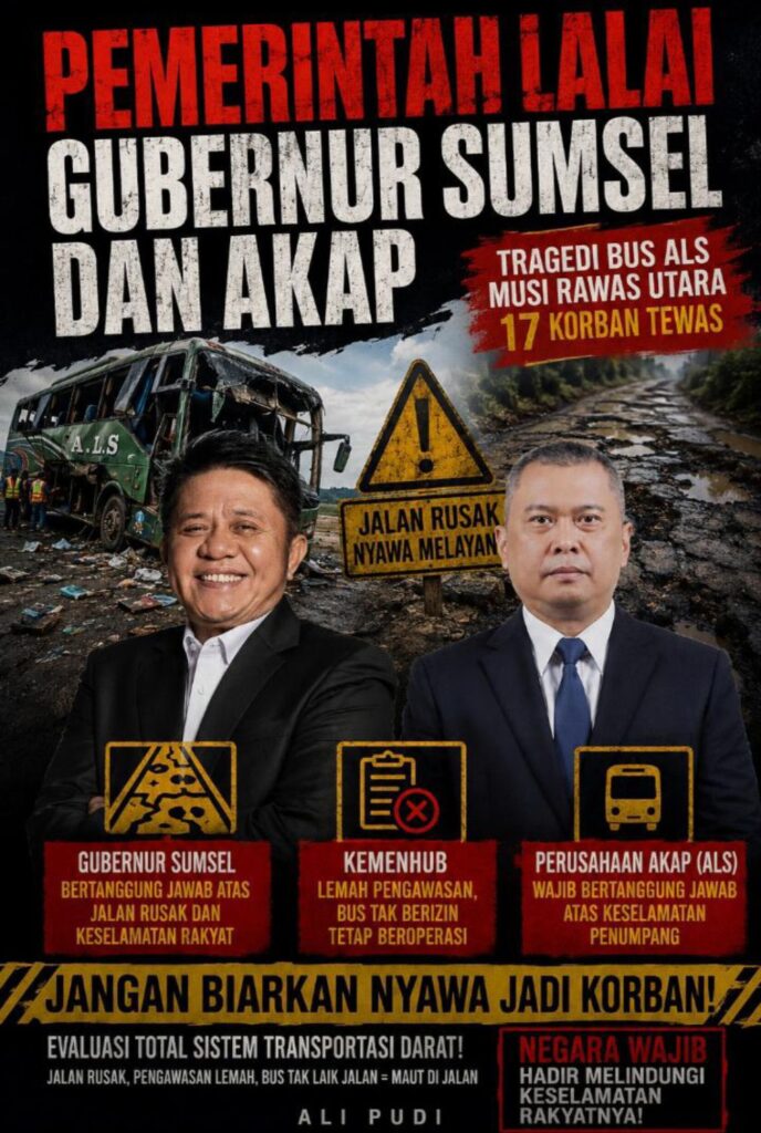 TRAGEDI BUS ALS DI MURATARA TEWASKAN 17 ORANG, ALI PUDI: INI BUKAN KECELAKAAN BIASA, DIDUGA ADA KELALAIAN SISTEMIK  Desak Pemprov Sumsel, Kemenhub, dan PO ALS Bertanggung Jawab