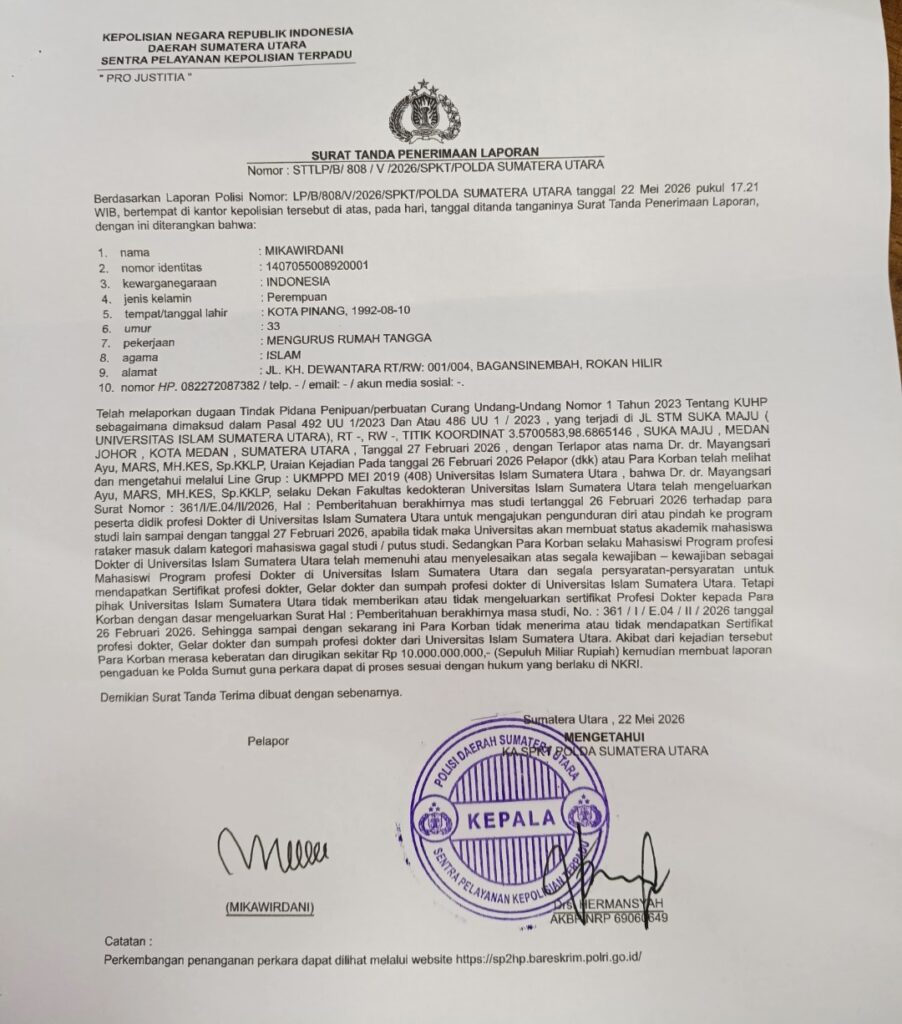 Dokter Muda UISU Laporkan Dekan ke Polda Sumut*