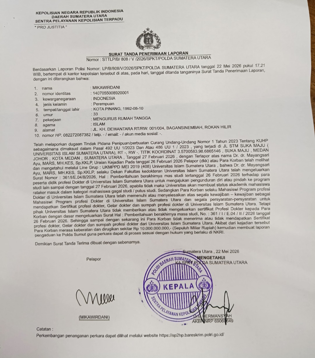 Dokter Muda UISU Laporkan Dekan ke Polda Sumut*