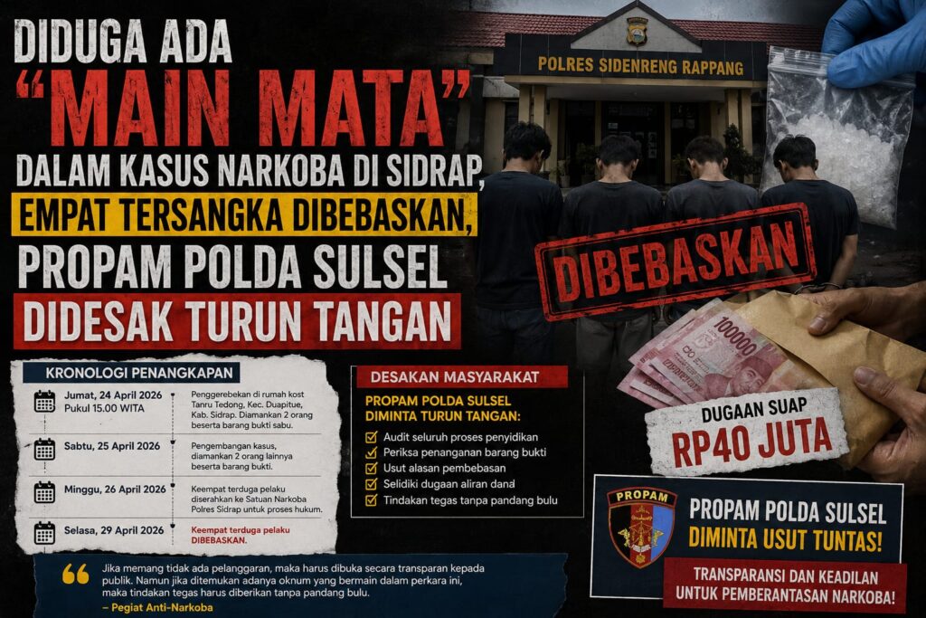 Diduga Ada “Main Mata” dalam Kasus Narkoba di Sidrap, Empat Tersangka Dibebaskan, Propam Polda Sulsel Didesak Turun Tangan