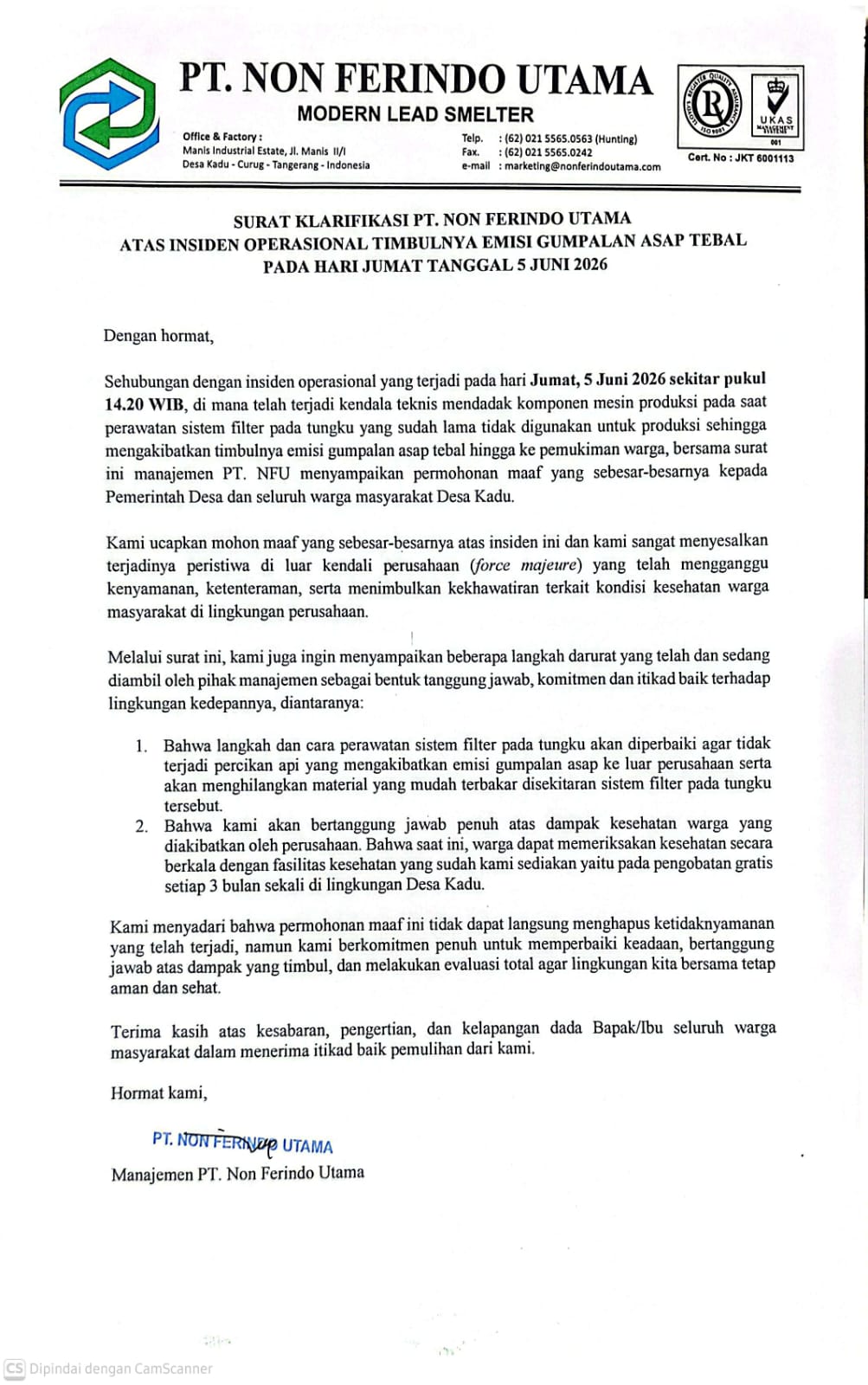 PT. NFU: INSIDEN EMISI GUMPALAN ASAP ADALAH GANGGUAN MEKANIS MURNI, BUKAN UNSUR KESENGAJAAN