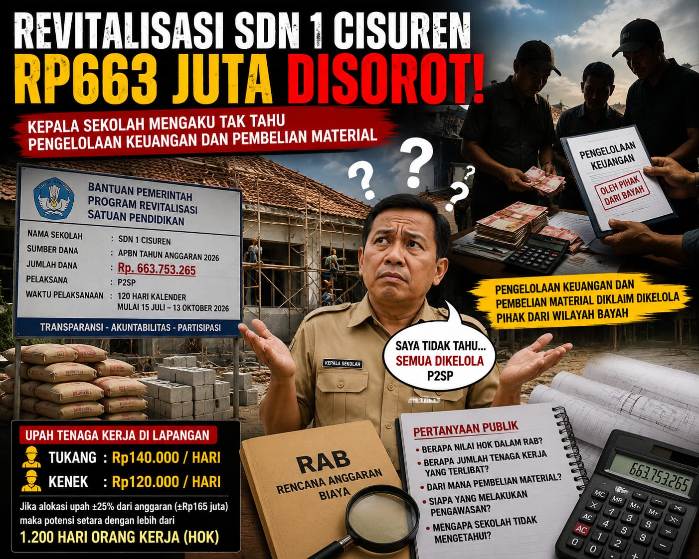 Revitalisasi SDN 1 Cisuren Rp663 Juta Diduga Minim Transparansi, Kepala Sekolah Mengaku Tak Tahu Pengelolaan Dana dan Pembelian Material