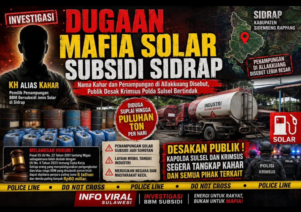 Dugaan Mafia Solar Subsidi Sidrap Menggurita, Nama Kahar dan Penampungan Allakkuang Jadi Sorotan Polda Sulse