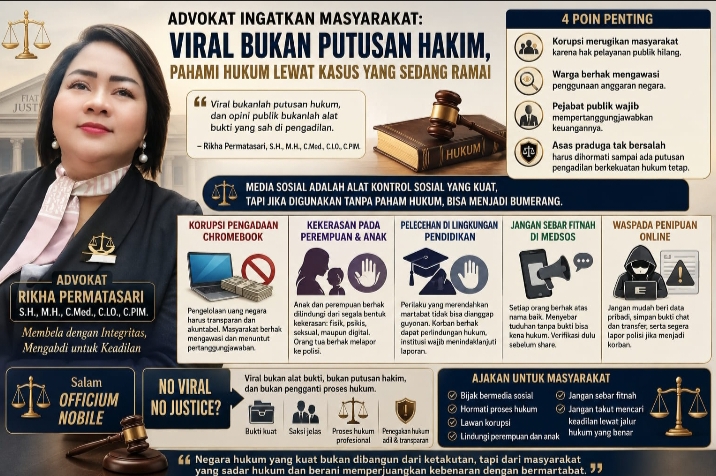 Advokat Rikha Permatasari, SH., MH., Ingatkan Masyarakat “Viral Bukan Putusan Hakim, Pahami Hukum Lewat Kasus yang Sedang Ramai”