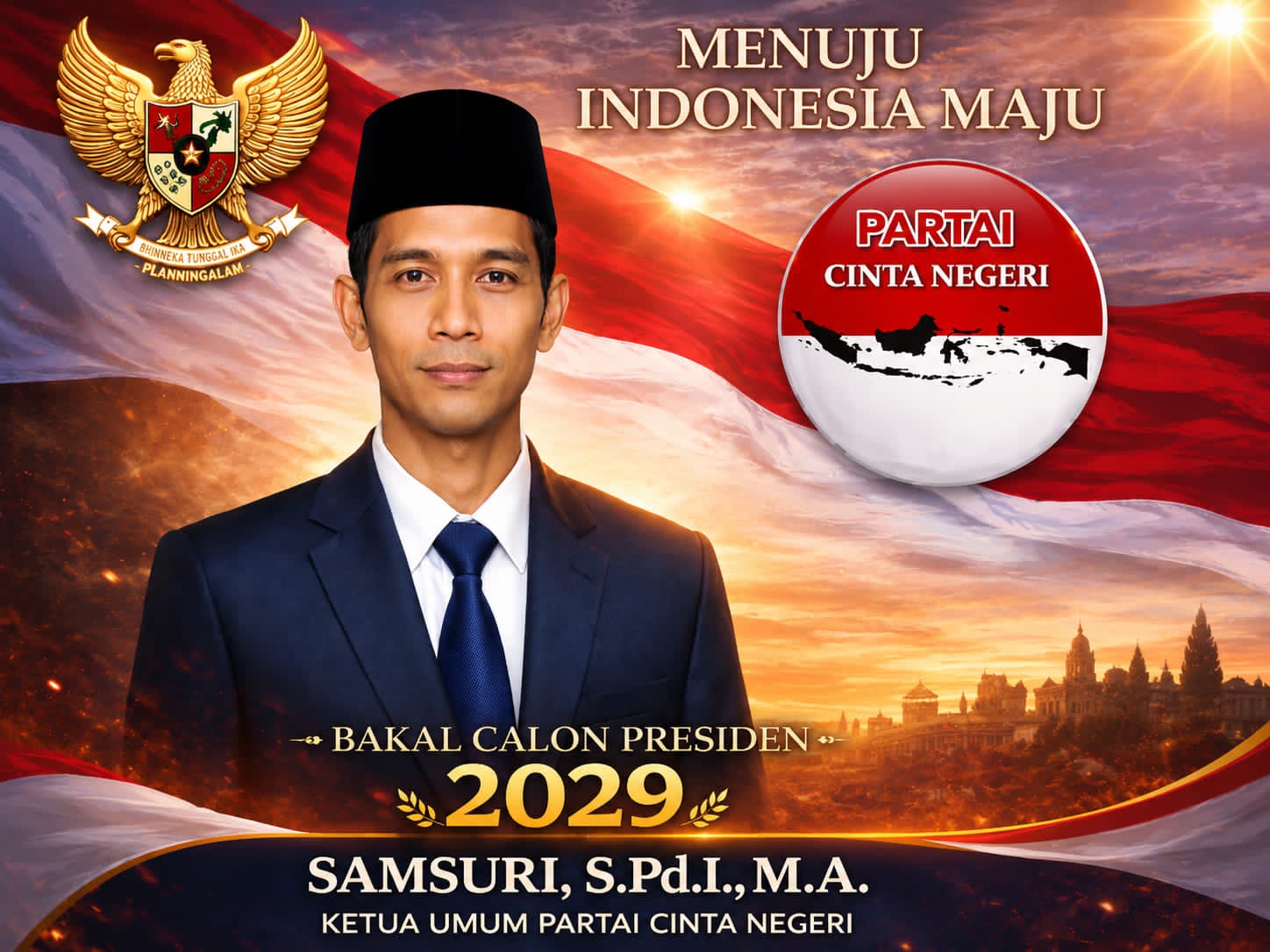 PEMIMPIN TERTINGGI PARTAI CINTA NEGERI, SAMSURI, S.Pd.I, M.A RESMI DI DEKLARASIKAN SEBAGAI CALON PRESIDEN RI 2029