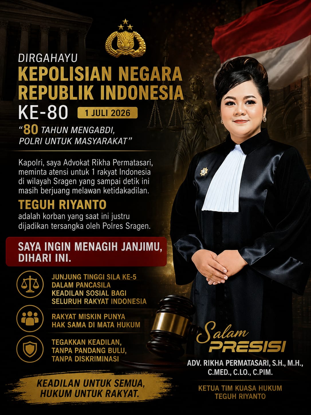 Advokat Rikha Permatasari Minta Atensi Kapolri terhadap Penanganan Perkara Teguh Riyanto di Sragen pada Momentum Hari Bhayangkara ke-80