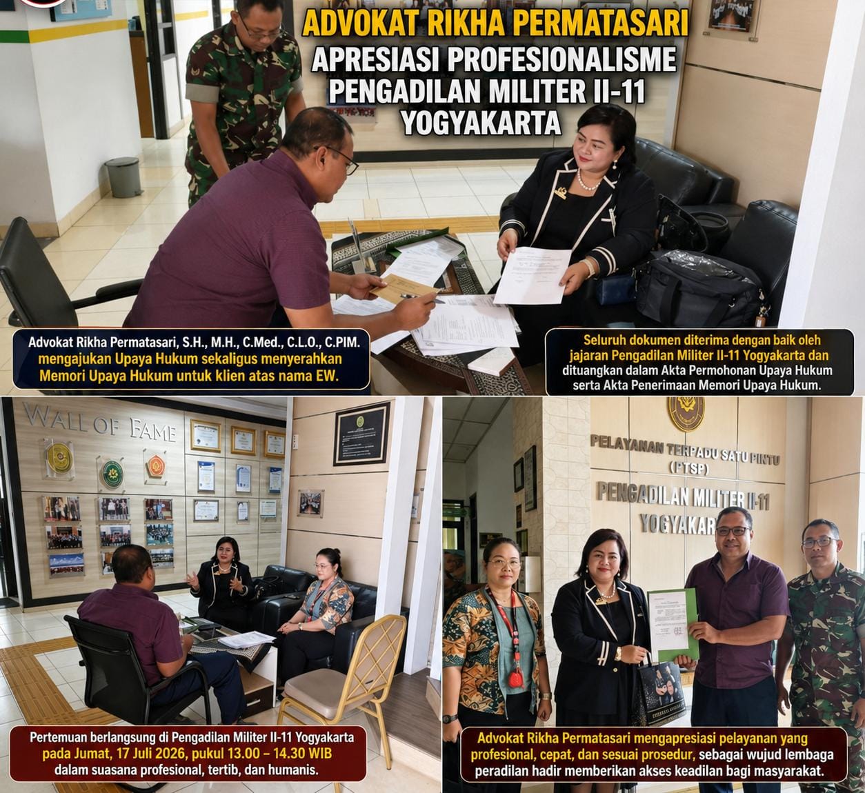 ADVOKAT RIKHA PERMATASARI APRESIASI PROFESIONALISME PENGADILAN MILITER II-11 YOGYAKARTA DALAM MEMBERIKAN PELAYAN KEPADA PENCARI KEADILAN