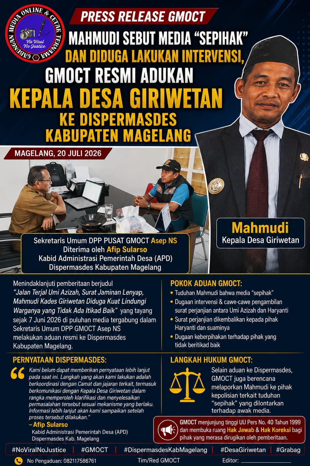 Mahmudi Sebut Media “Sepihak” dan Diduga Cawe-Cawe Intervensi, GMOCT Resmi Laporkan Kades Giriwetan ke Dispermasdes Magelang