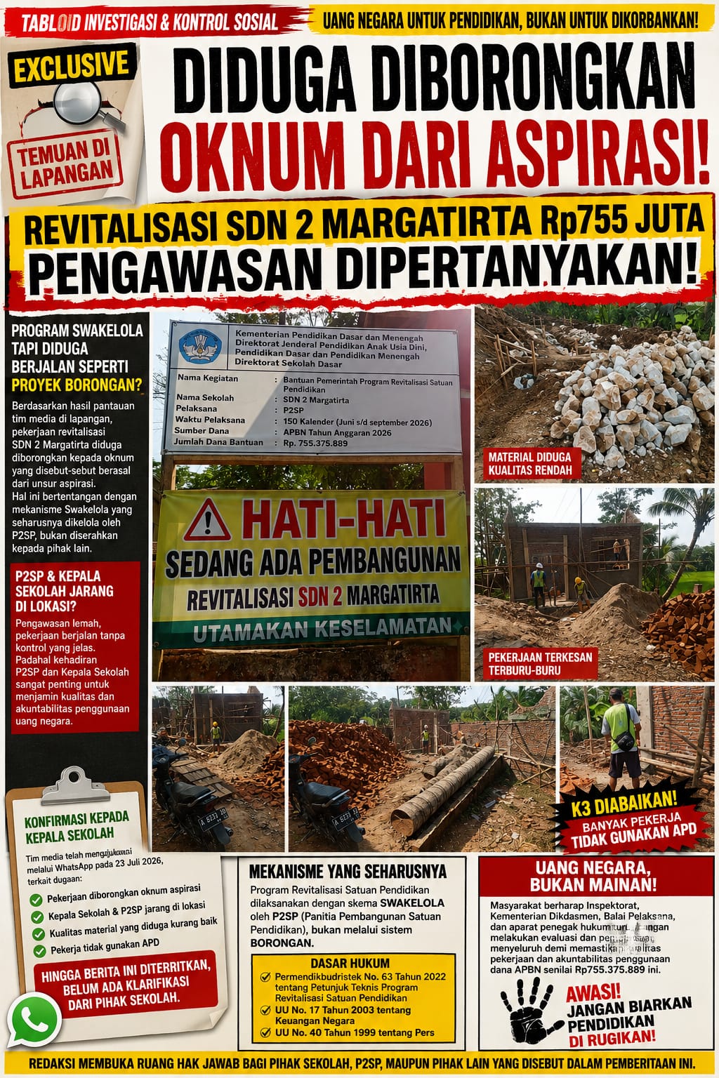 Program Revitalisasi SDN 2 Margatirta Rp755 Juta Diduga Diborongkan Oknum Aspirasi, Kualitas Pekerjaan dan Pengawasan Jadi Sorotan