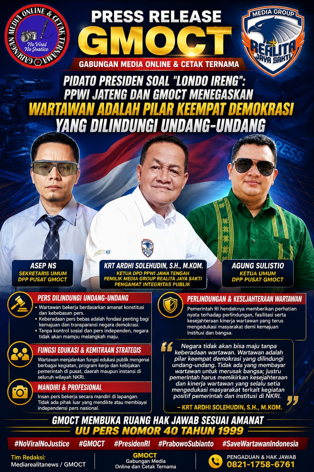 Pidato Presiden Soal ‘Londo Ireng’: PPWI Jateng dan GMOCT Menegaskan Wartawan Adalah Pilar Keempat Demokrasi yang Dilindungi Undang-Undang