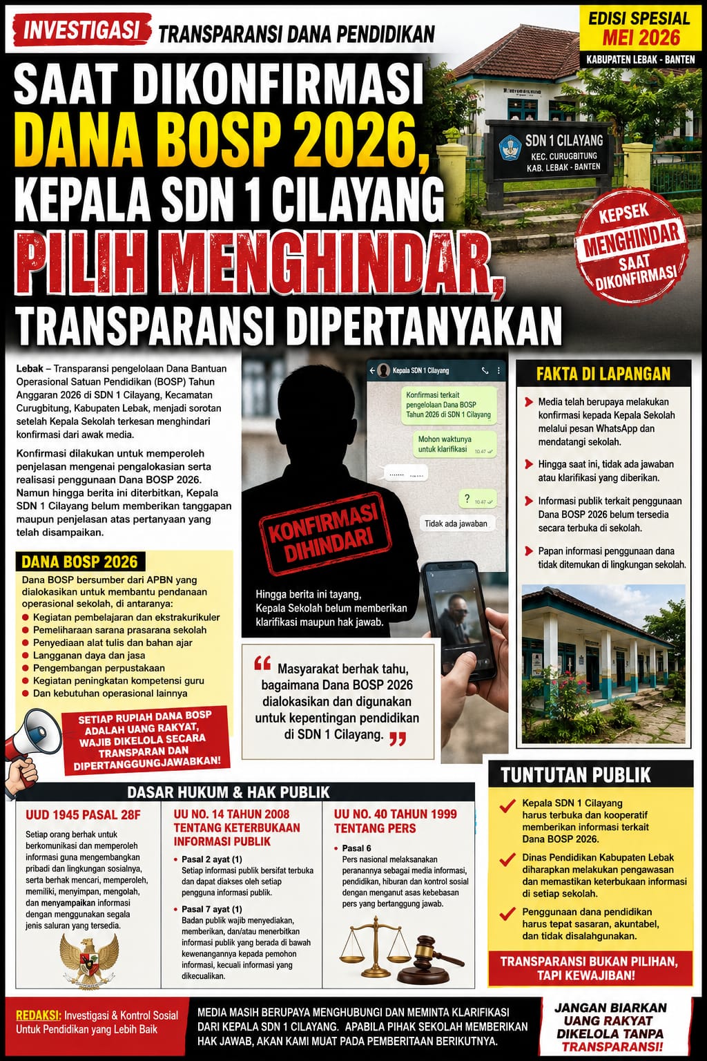 Saat Dikonfirmasi Dana BOSP 2026, Kepala SDN 1 Cilayang Pilih Menghindar, Transparansi Dipertanyakan