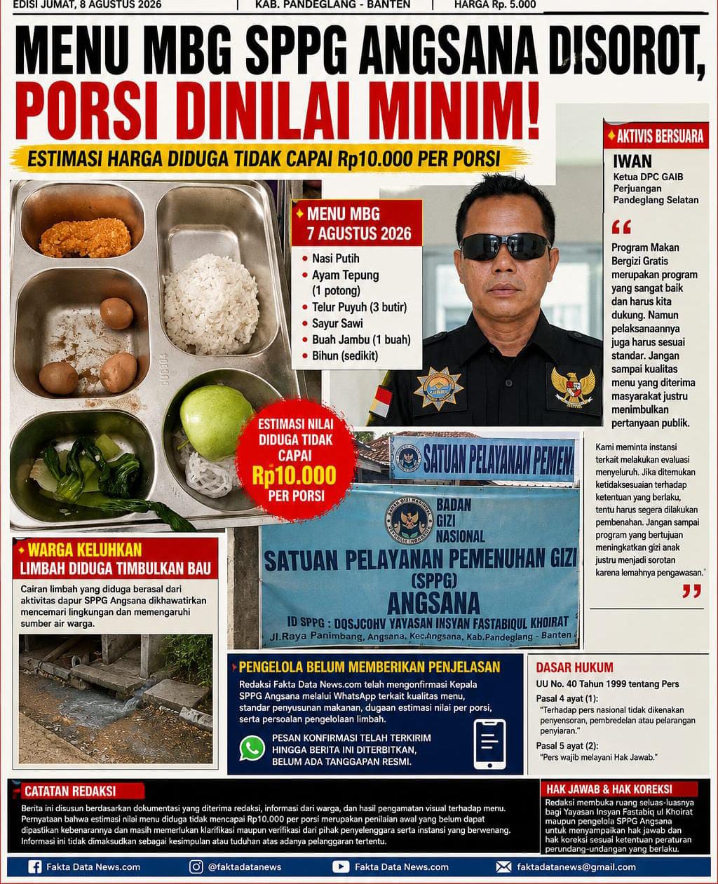 Diduga Pengelolaan Limbah dan Kualitas Menu MBG SPPG Angsana Jadi Sorotan, Aktivis Desak Evaluasi Menyeluruh
