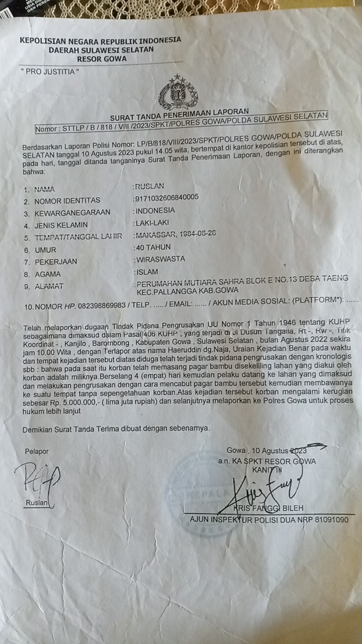 Sengketa Lahan Desa Kanjilo Semakin Kompleks – Laporan Perusakan Ditambah Dugaan Pemalsuan Dokumen, 4 Ahli Waris Laporan belum ada kejelasan di Polresta Gowa