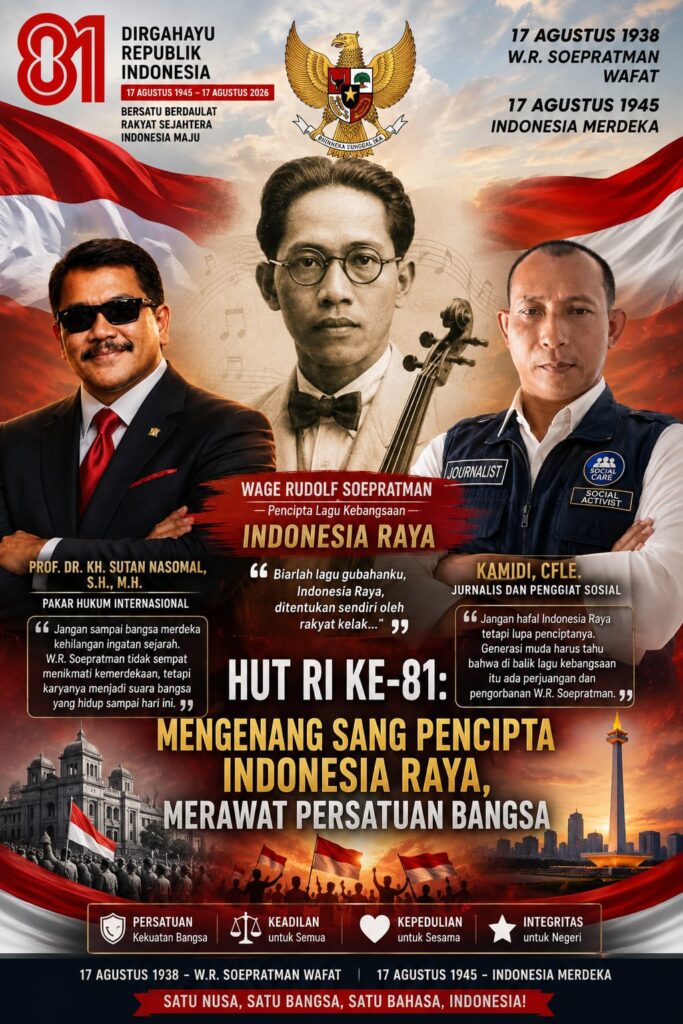 HUT RI ke-81, DEWAN PAKAR DPP LSM ELANG MAS Prof. Dr. KH. Sutan Nasomal, S.H., M.H., Pakar Hukum Internasional , Ekonom, Ingatkan: Jangan Lupakan W.R. Soepratman, Sang Pencipta Indonesia Raya