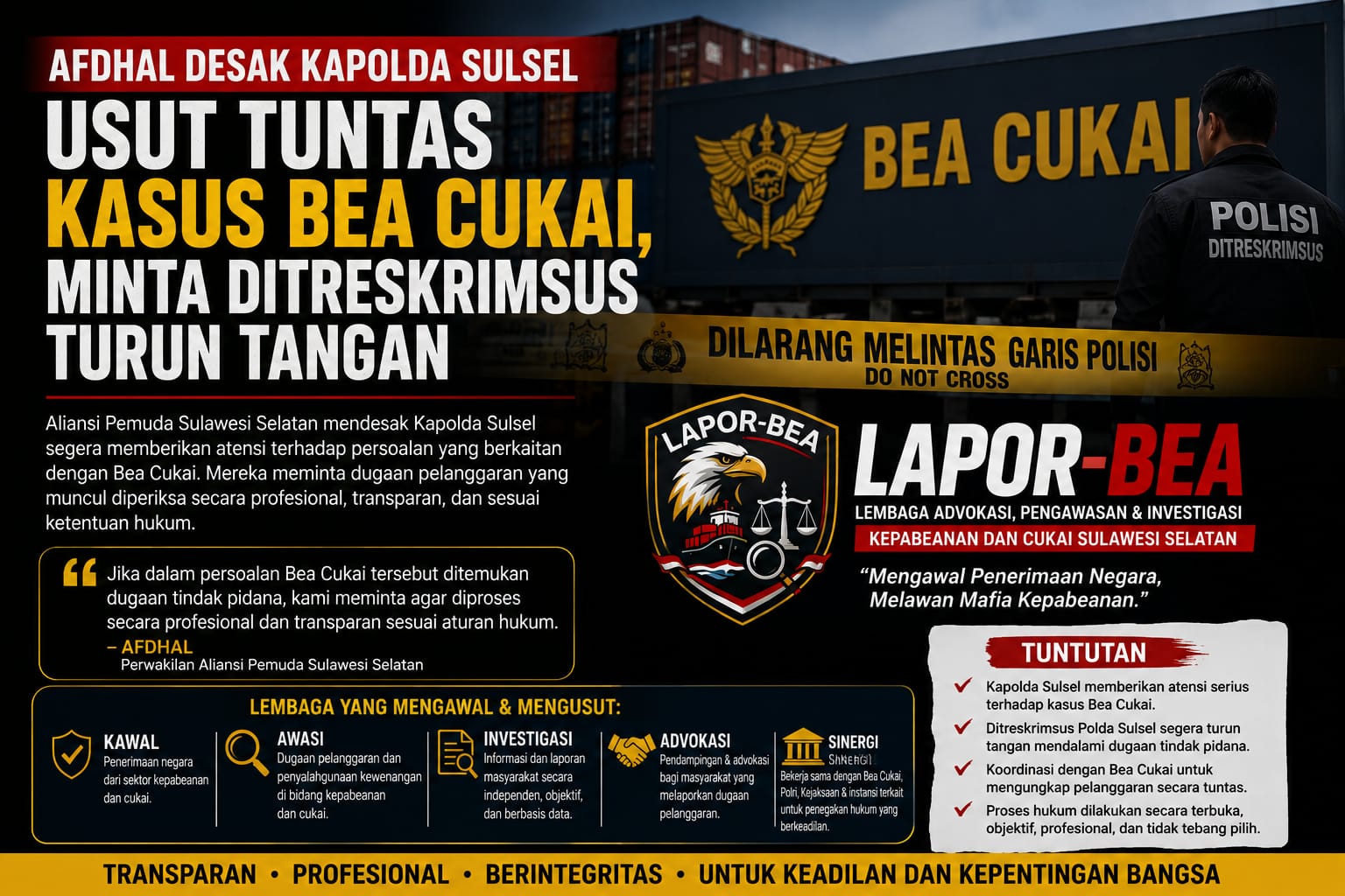 Afdhal Desak Kapolda Sulsel Usut Tuntas Kasus Bea Cukai, Minta Ditreskrimsus Turun Tangan