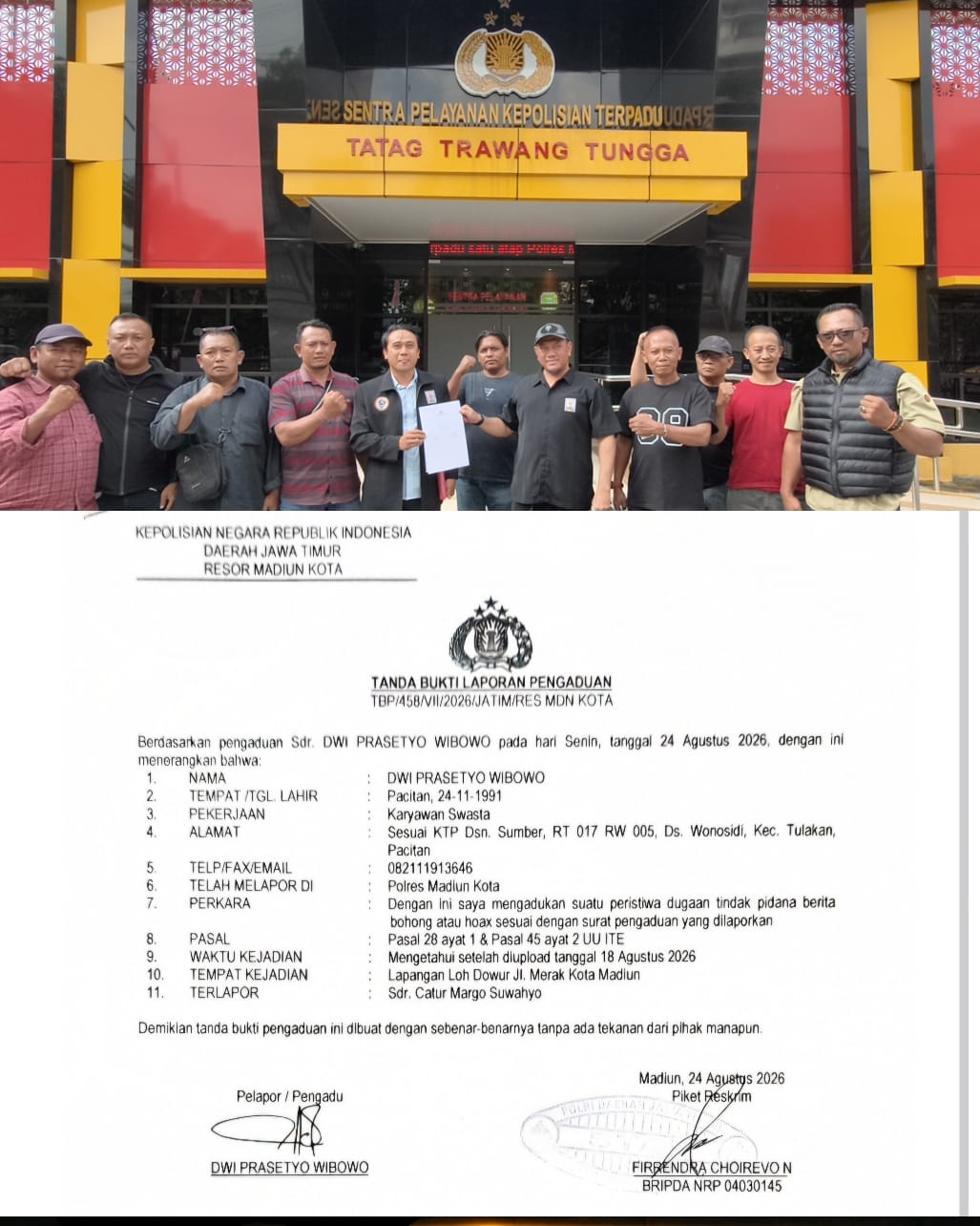 Tim Advokasi PSHT Resmi Laporkan Ketua Pamter Ke Polres Madiun Kota Atas Dugaan Hoaks Dan Penghasutan