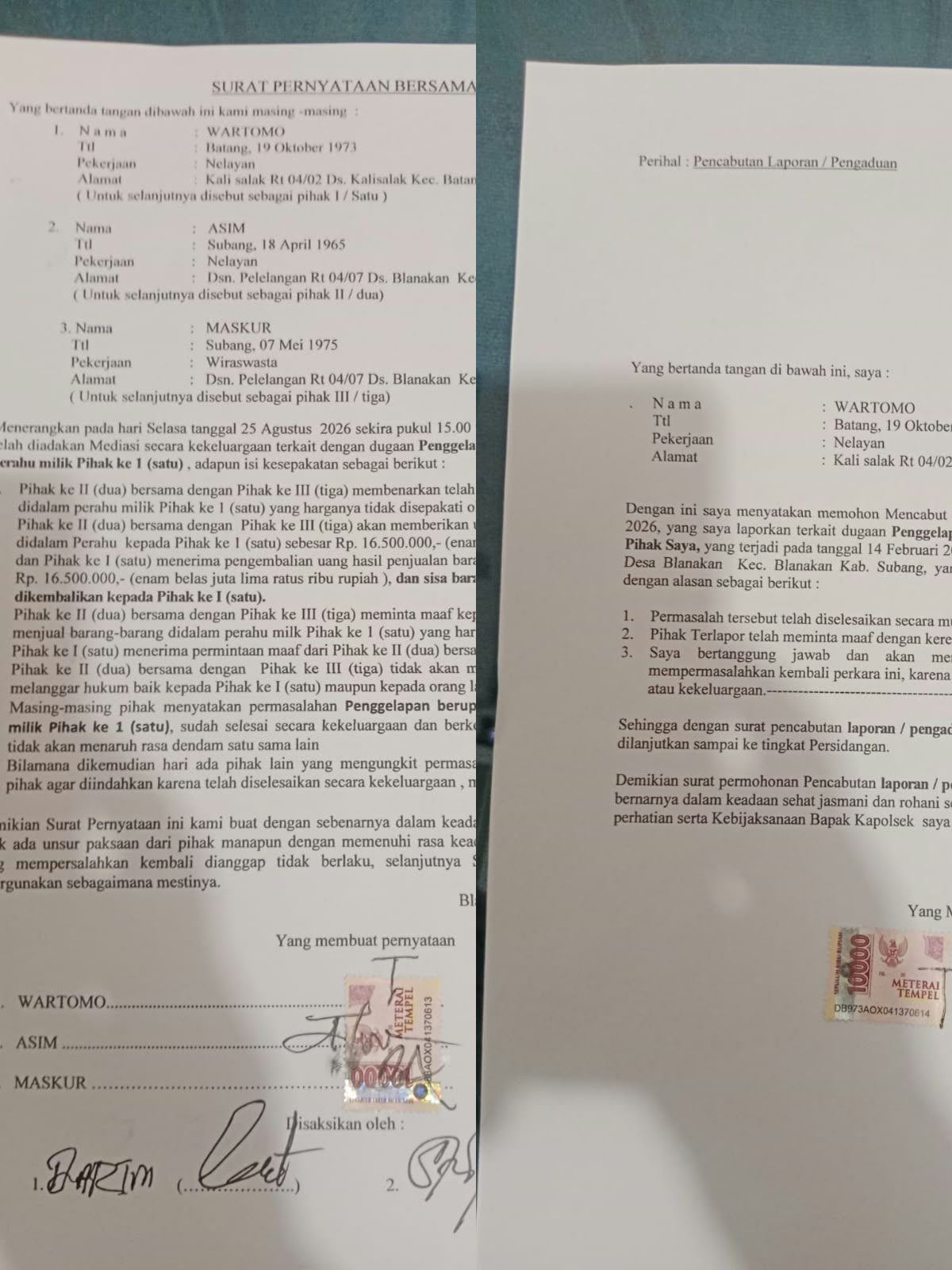 Selesai Secara Damai, Dugaan Penggelapan Di Blanakan Dicabut Setelah Ada Kesepakatan.