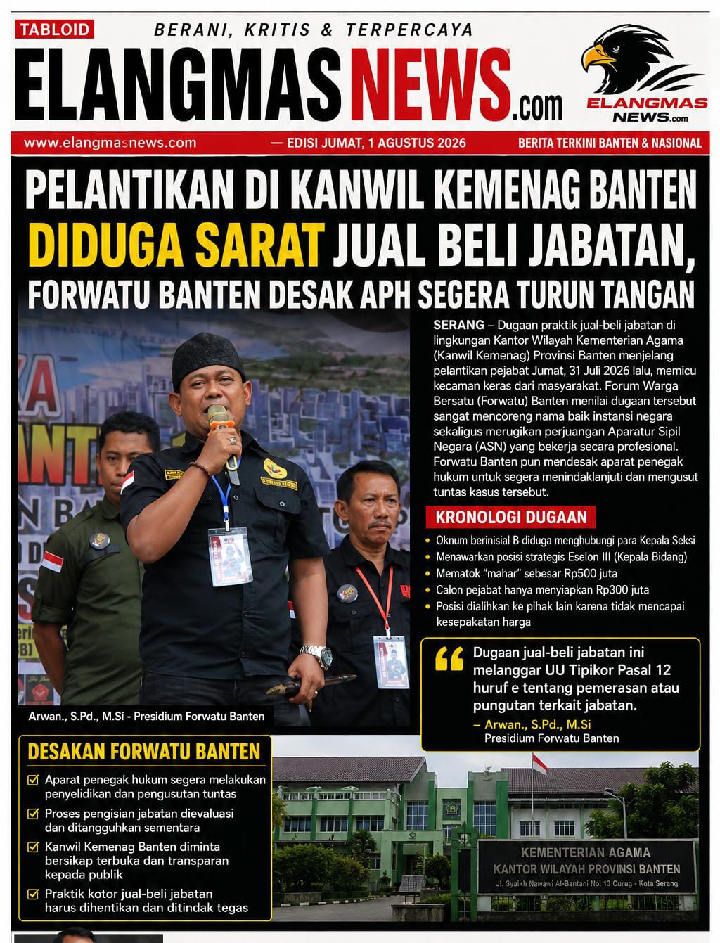 Pelantikan di Kanwil Kemenag Banten Diduga Sarat Jual Beli Jabatan, Forwatu Banten Desak APH Segera Turun Tangan