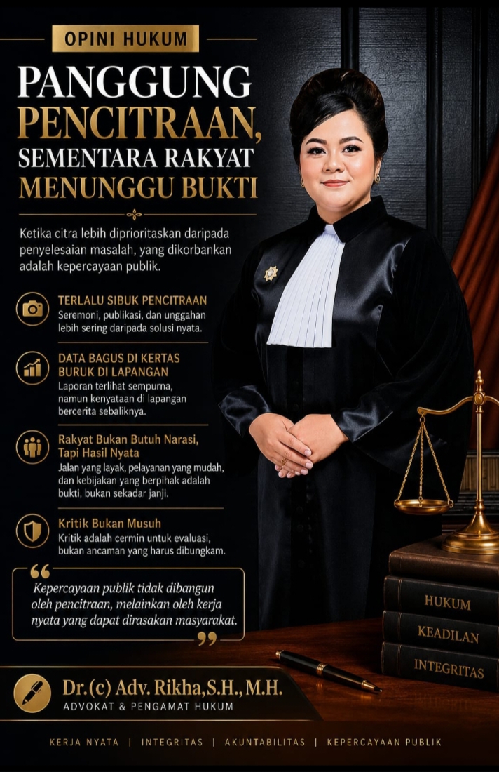 EDITORIAL HUKUM DAN KEBANGSAAN Dewan Penasehat Hukum DPP LSM ELANG MAS Adv. Dr(c) RIKHA PERMATASARI, SH. MH : “Pencitraan Tidak Akan Pernah Menggantikan Kinerja: Rakyat Menunggu Bukti, Bukan Sekadar Narasi”