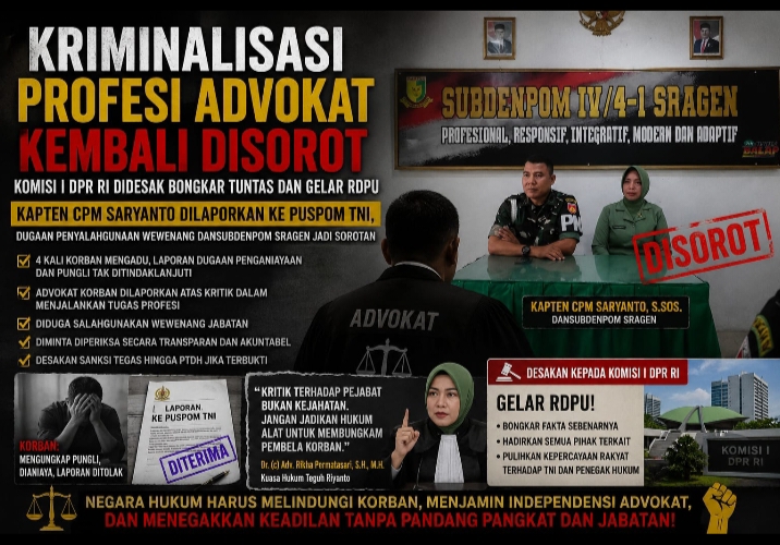 Kapten CPM Saryanto Dilaporkan ke Puspom TNI, Atas Dugaan Penyalahgunaan Wewenang. Dansubdenpom Sragen Jadi Sorotan