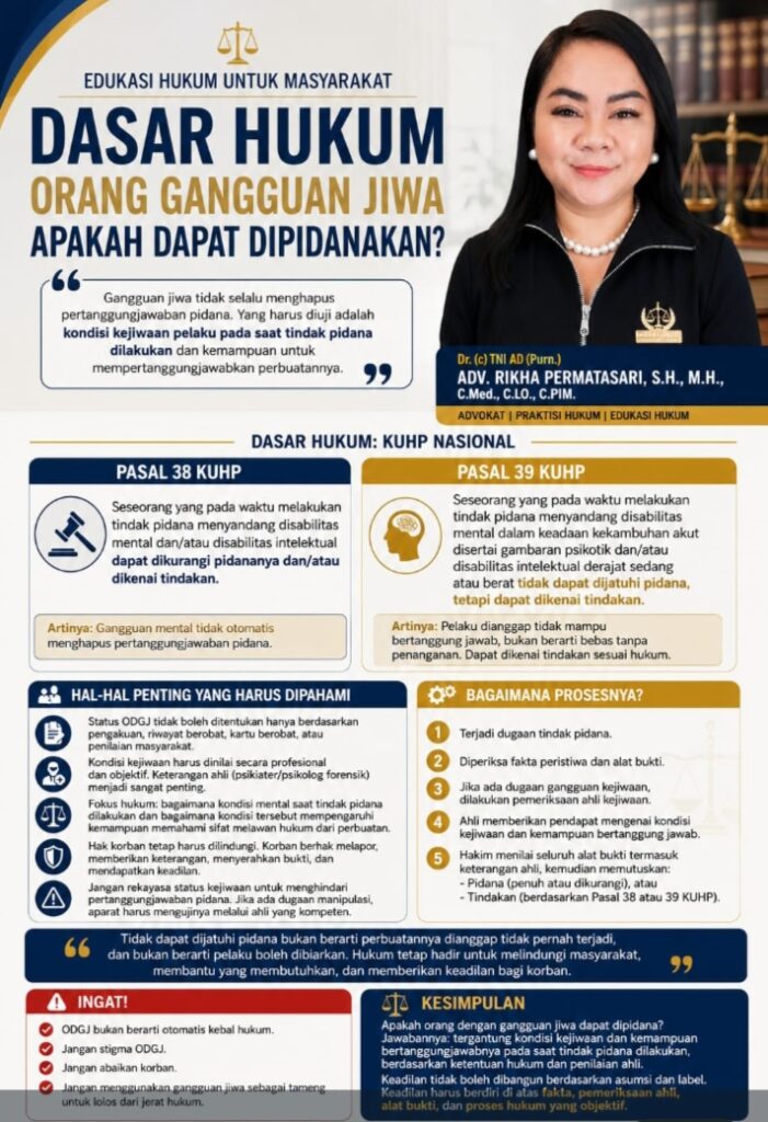 EDUKASI HUKUM UNTUK MASYARAKAT, KETUA DEWAN PENASEHAT HUKUM DPP LSM ELANG MAS ADV. RIKHA PERMATASARI : ORANG DENGAN GANGGUAN JIWA MELAKUKAN TINDAK PIDANA, APAKAH DAPAT DIHUKUM?