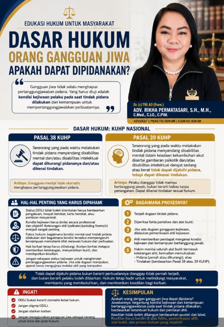 EDUKASI HUKUM UNTUK MASYARAKAT, KETUA DEWAN PENASEHAT HUKUM DPP LSM ELANG MAS ADV. RIKHA PERMATASARI : ORANG DENGAN GANGGUAN JIWA MELAKUKAN TINDAK PIDANA, APAKAH DAPAT DIHUKUM?