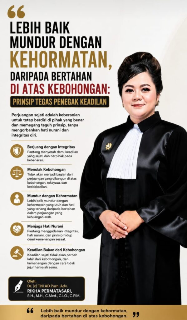 DR. (C) ADV. RIKHA PERMATASARI : Lebih Baik Mundur dengan Kehormatan, Daripada Bertahan di Atas Kebohongan: Prinsip Tegas Penegak Keadilan