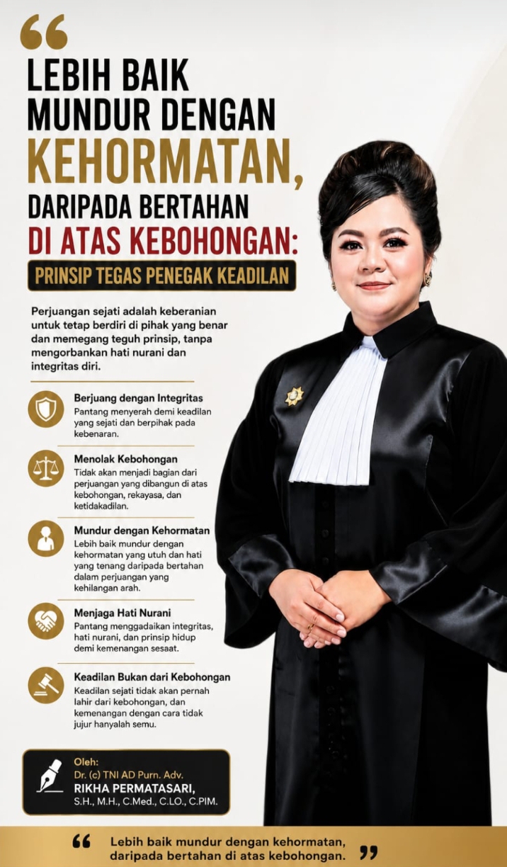 DR. (C) ADV. RIKHA PERMATASARI : Lebih Baik Mundur dengan Kehormatan, Daripada Bertahan di Atas Kebohongan: Prinsip Tegas Penegak Keadilan