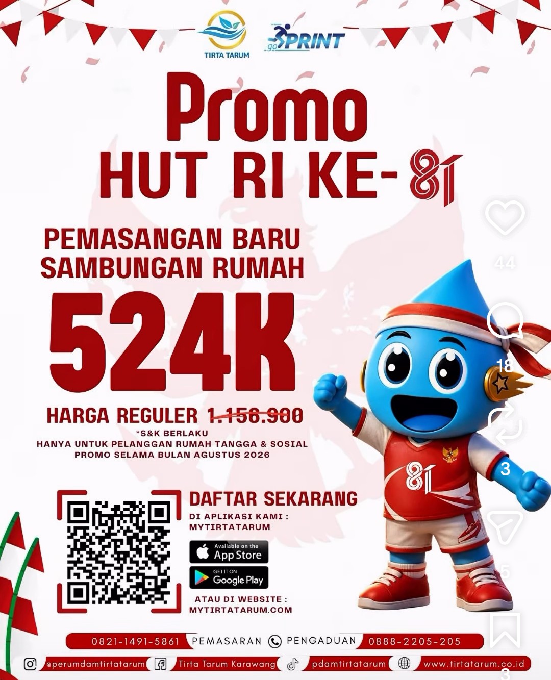 Sambut HUT RI ke-81, PERUMDAM Tirta Tarum Buka Promo Sambungan Baru Rp524 Ribu, 100 SL Sudah Mendaftar