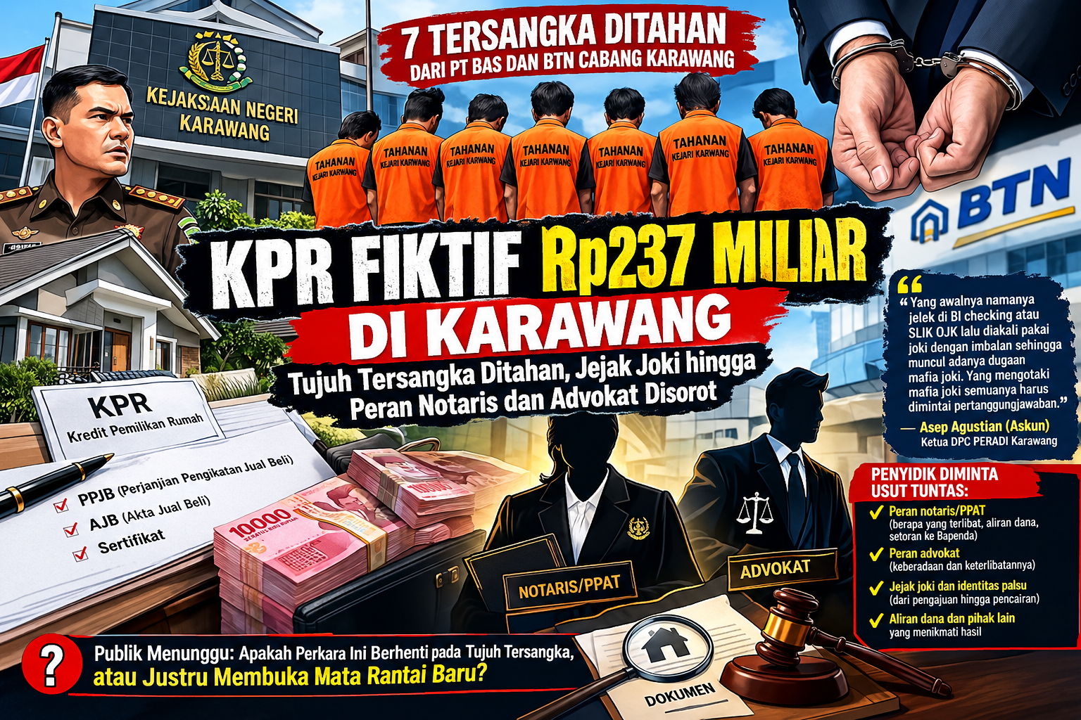 KPR Fiktif Rp237 Miliar di Karawang: Tujuh Tersangka Ditahan, Jejak Joki hingga Peran Notaris dan Advokat Disorot