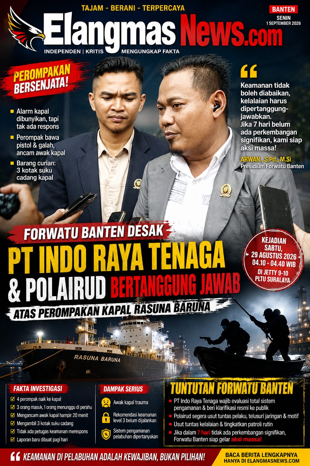 Forwatu Banten Desak PT Indo Raya Tenaga & Polairud Bertanggung Jawab Atas Perompakan Kapal Rasuna Baruna