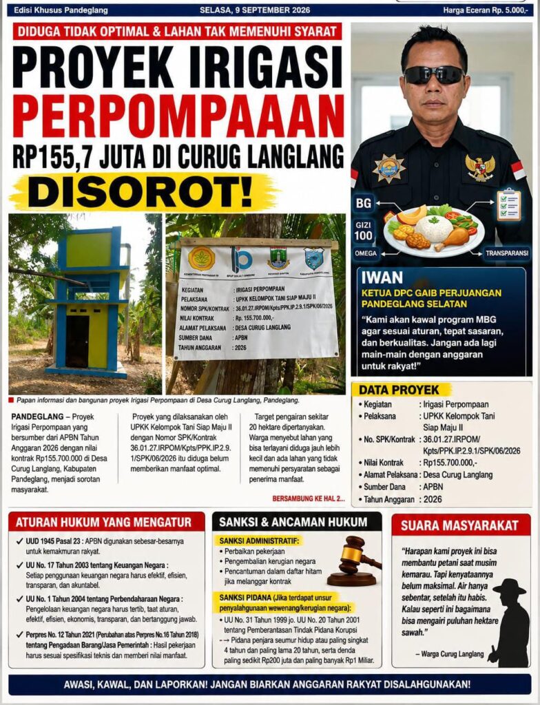 Proyek Irigasi Perpompaan Rp155,7 Juta di Curuglanglang Disorot, Target 20 Hektare Dipertanyakan