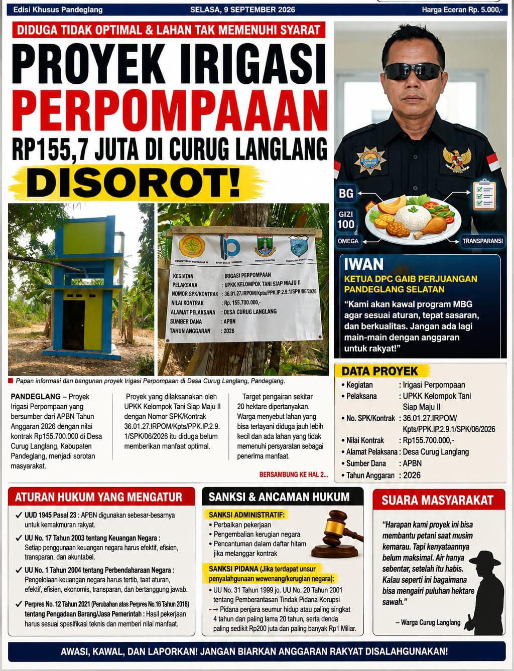 Proyek Irigasi Perpompaan Rp155,7 Juta di Curuglanglang Disorot, Target 20 Hektare Dipertanyakan