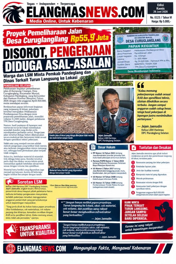 Proyek Pemeliharaan Jalan Desa Curuglanglang Rp55,9 Juta Disorot, Pengerjaan Diduga Asal-asalan