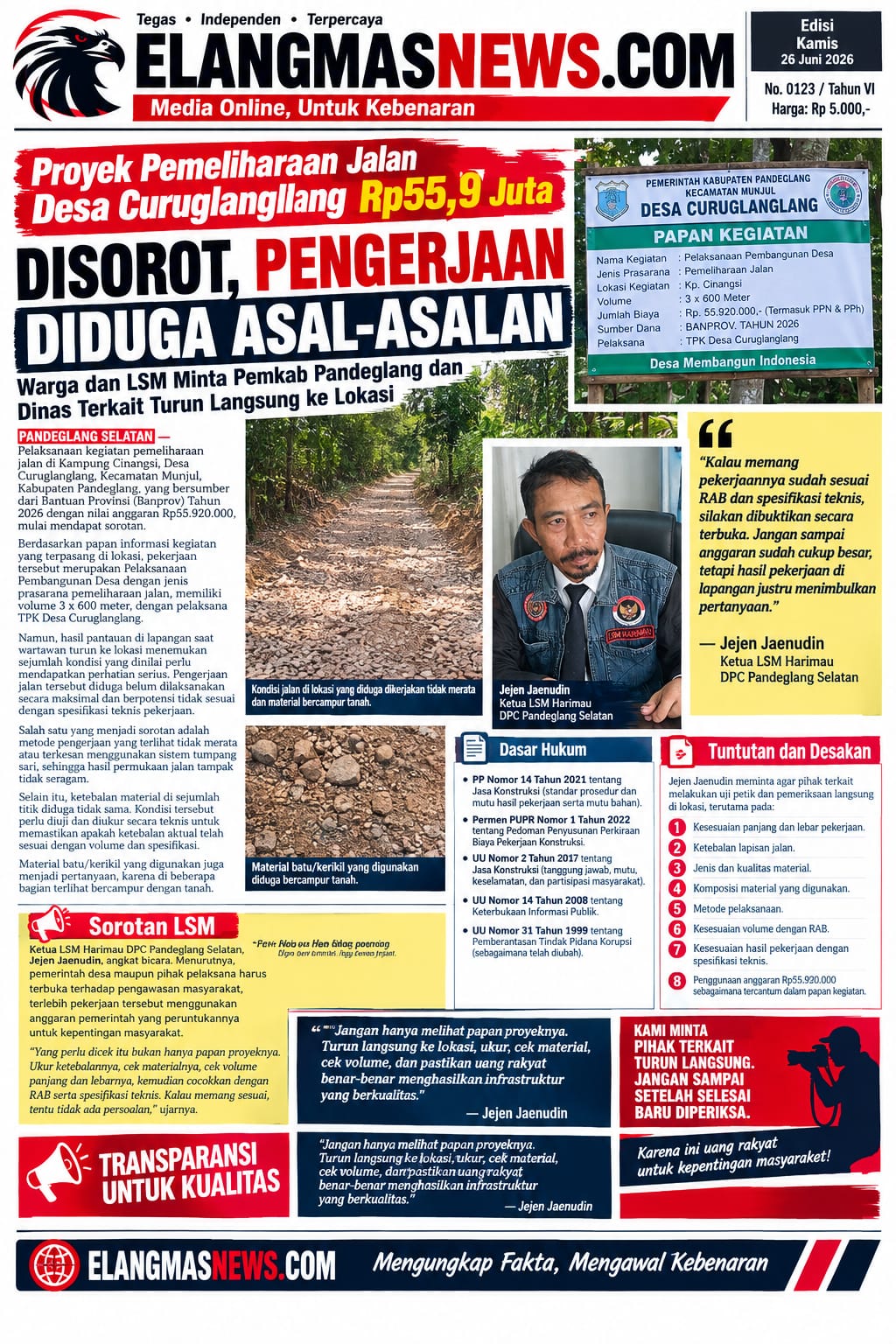 Proyek Pemeliharaan Jalan Desa Curuglanglang Rp55,9 Juta Disorot, Pengerjaan Diduga Asal-asalan