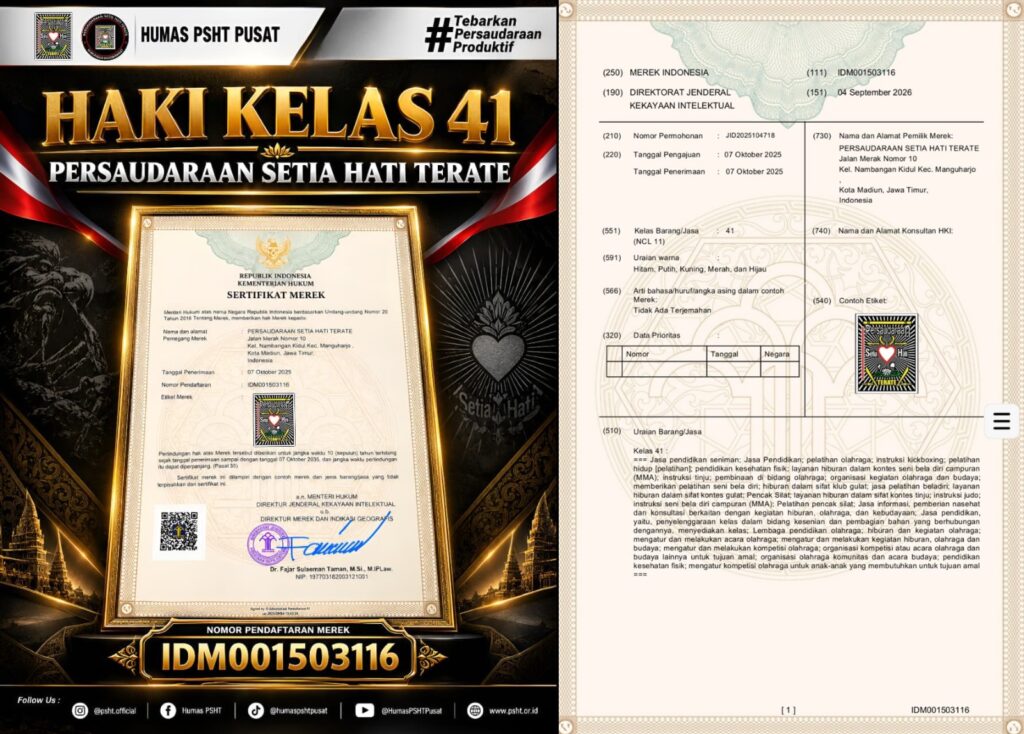 Negara Tetapkan HAKI Merek Kelas 41 Resmi Milik Organisasi PSHT ,Lambang Dan Nama PSHT Kembali Kepangkuan Warga PSHT