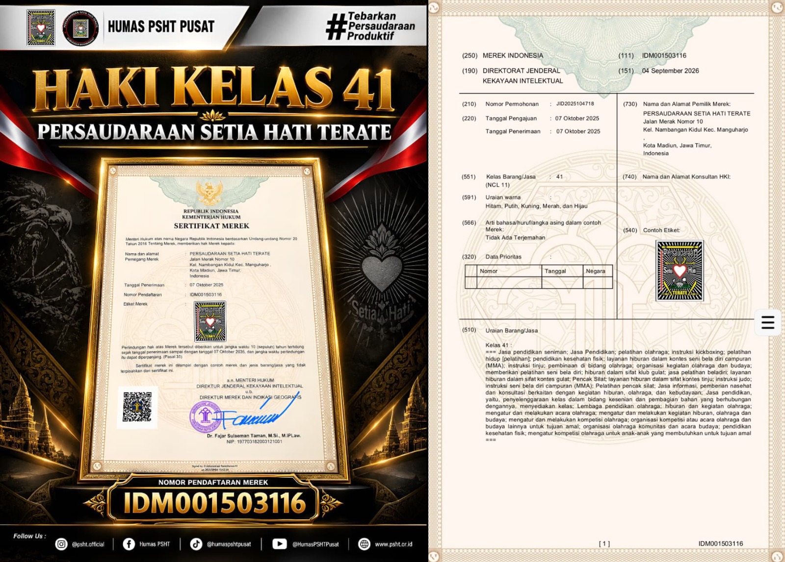 Negara Tetapkan HAKI Merek Kelas 41 Resmi Milik Organisasi PSHT ,Lambang Dan Nama PSHT Kembali Kepangkuan Warga PSHT