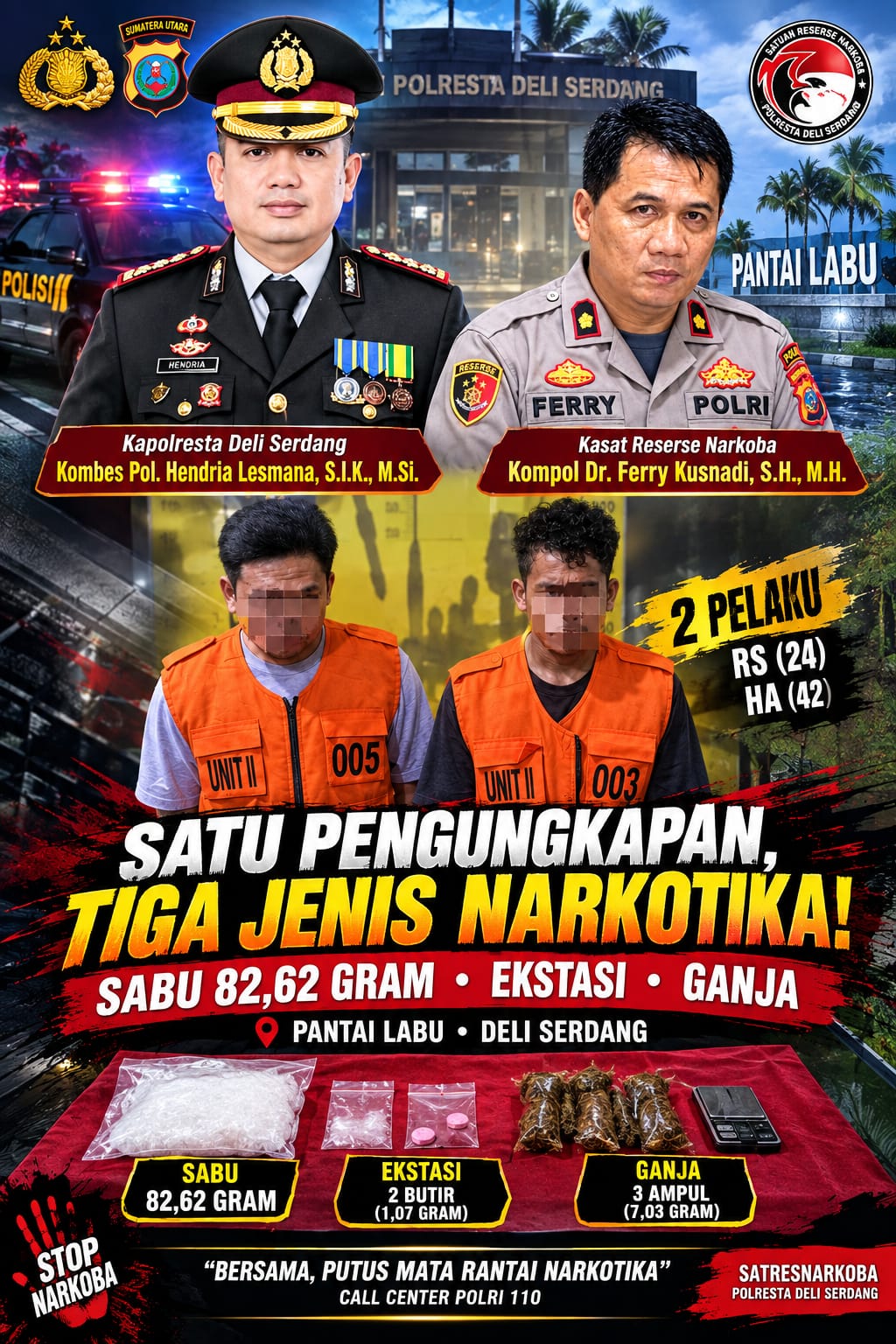 Polresta Deli Serdang Ungkap Kasus Narkotika, Amankan pengedarnya beserta 82,62 Gram Sabu, Ekstasi dan Ganja