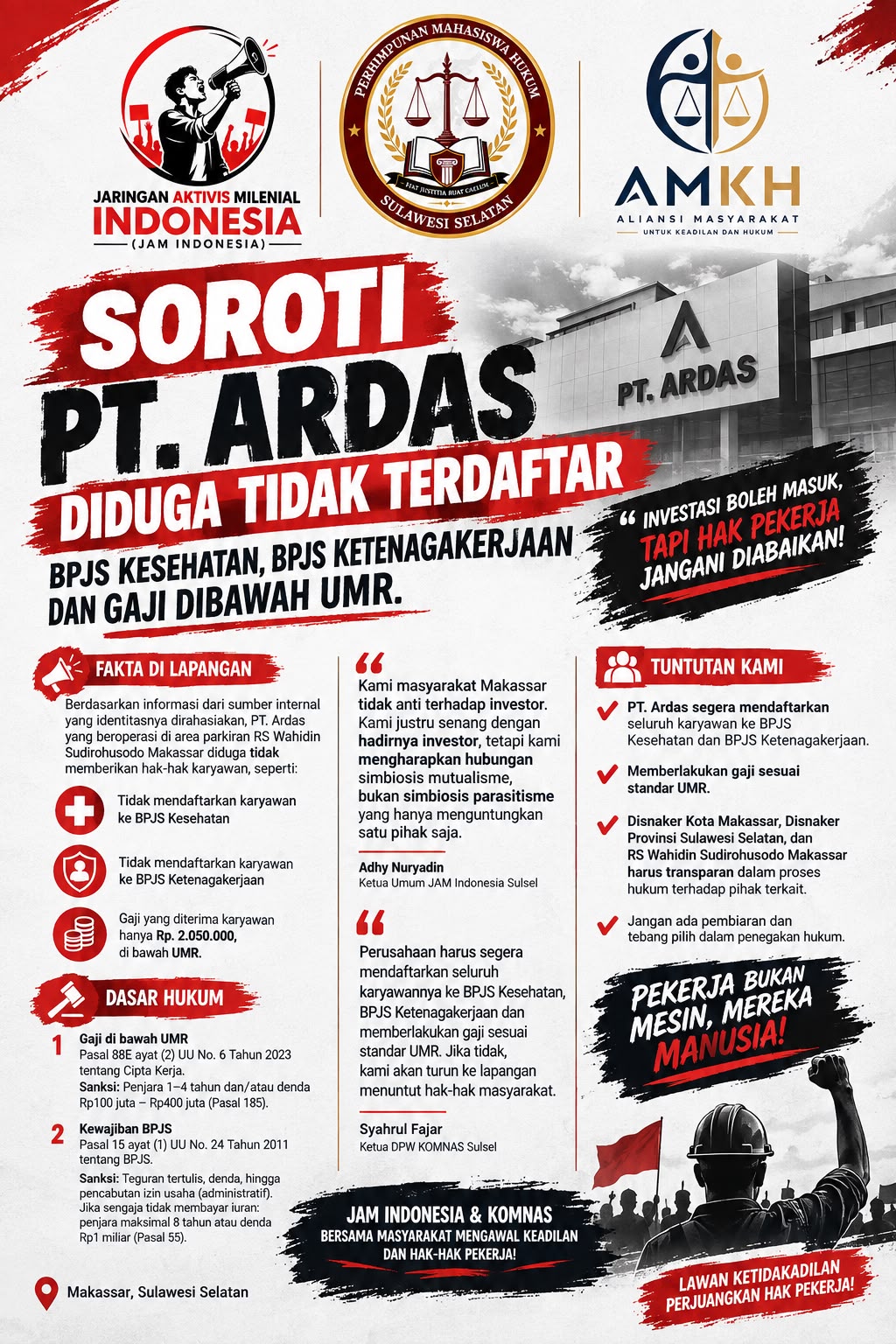 KOALISI MAHASISWA dan AKTIVIS SULAWESI SELATAN SOROTI PT ARDAS di RS WAHIDIN MAKASSAR  ‎Dugaan Pengabaian Hak Normatif Pekerja: BPJS Kesehatan, BPJS Ketenagakerjaan, dan Gaji di Bawah UMR