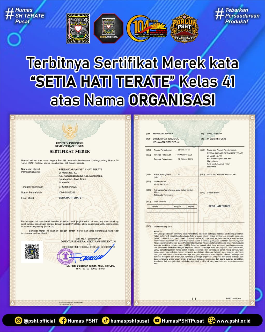 Terbitnya Sertifikat Merek Kata “SETIA HATI TERATE” Kelas 41 Atas Nama Organisasi (PSHT)